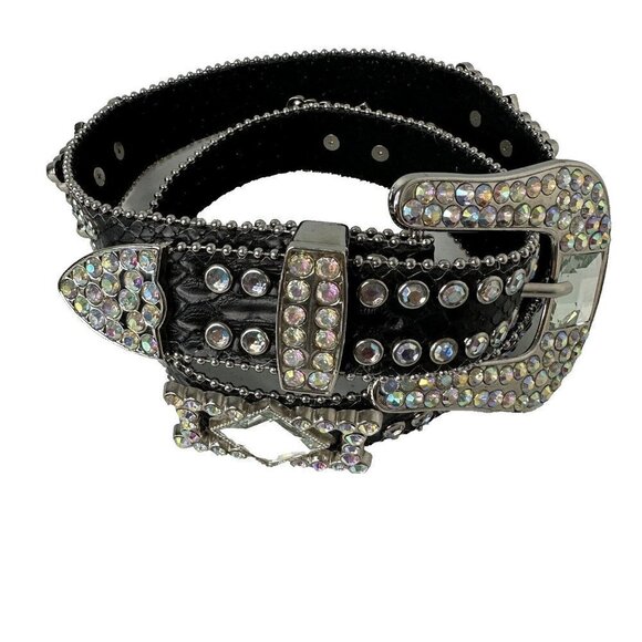 NOCONA Black Leather Belt Western COWGIRL Crystal Rhinestone Aurora Borealis M/L - Picture 1 of 15